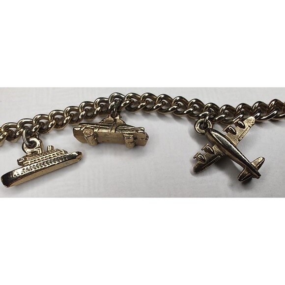 Vintage Gold Tone Charm Bracelet Airplane Cruise Ship Train Engine Florida Cross - Picture 11 of 13